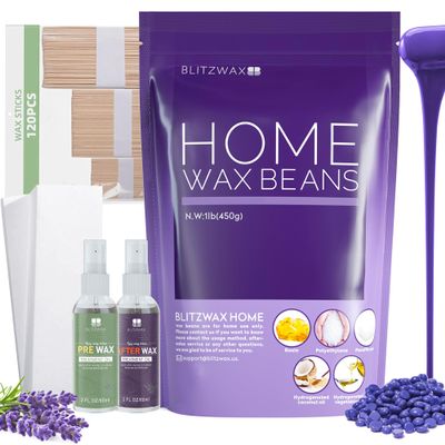 BLITZWAX Lavender Hard Wax Beads for Hair Removal with 120 Wooden Wax Sticks Painless Wax for Sensitive Skin, Face, Full Body, Bikini At Home Waxing Beans for Women Men