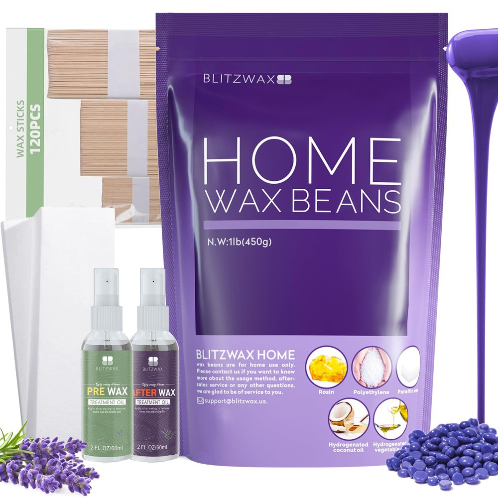 BLITZWAX Lavender Hard Wax Beads for Hair Removal with 120 Wooden Wax Sticks Painless Wax for Sensitive Skin, Face, Full Body, Bikini At Home Waxing Beans for Women Men