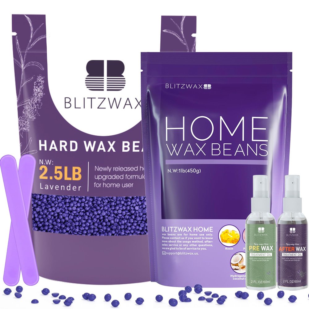 BLITZWAX 3.5lbs Hard Wax Beads for Hair Removal Lavender Waxing Beads for Sensitive Skin, Face, Eyebrows, Brazilian, Legs and Bikini - with 2 Silicone Sticks and 2 Oils for Home and Salon Use