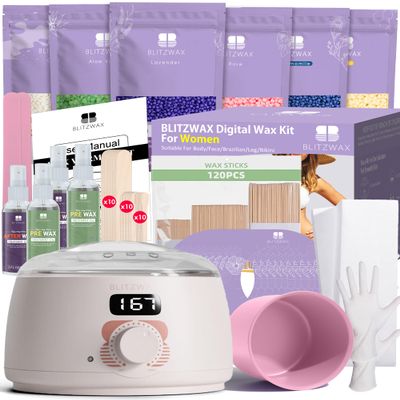BLITZWAX Brazilian and Bikini Waxing Kit with 120 Wooden Waxing Sticks and 30 Wax Papers, Hard Wax Warmer for Face, Legs, and Body, At Home Hair Removal Kit, Beginner Friendly, For Women Men