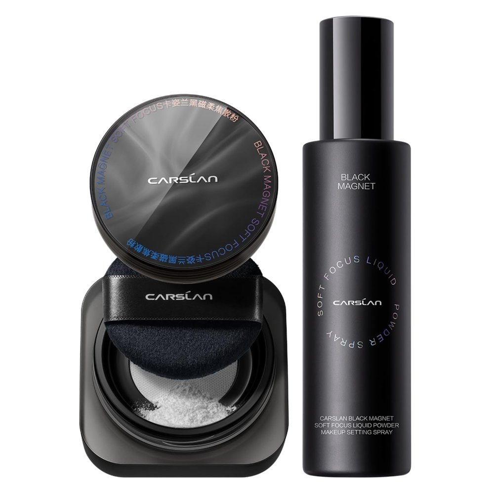 CARSLAN Black Magnet Soft Focus Make-up Powder+Liquid Powder Makeup Setting Spray, 24HLongglasting, Oil Control, Waterproof, Summer Spray & Set Combo