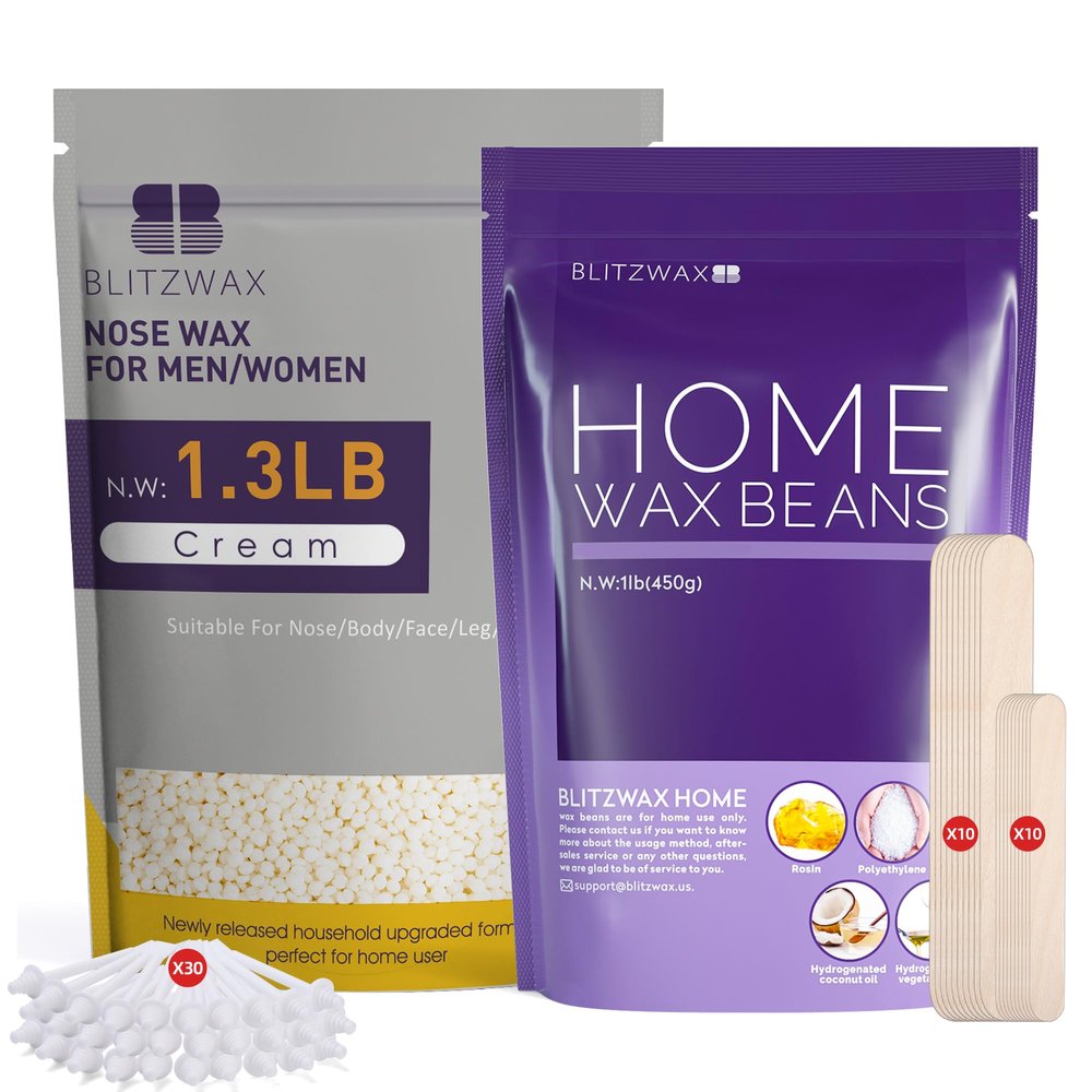 BLITZWAX Lavender Hard Wax Beads and 1.3lbs Cream Waxing Beans for Hair Removal Painless Wax for Sensitive Skin, Face, Full Body, Bikini At Home Waxing Beads for Women Men