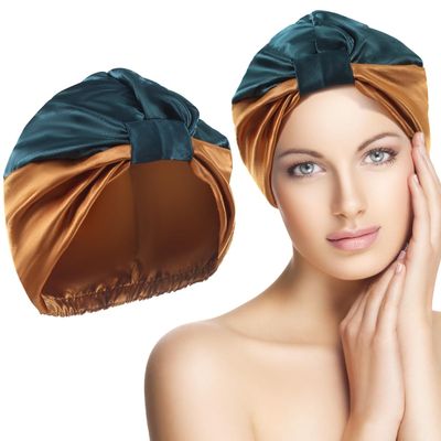 10.6 Inches Adjustable Satin Hair Bonnet for Sleeping | Elastic Non-Slip Reusable Shower Hair Caps for Women | Double Layers Shower Cap for Women | Satin Silk Bonnet for Curly Hairs (Khaki & Green)