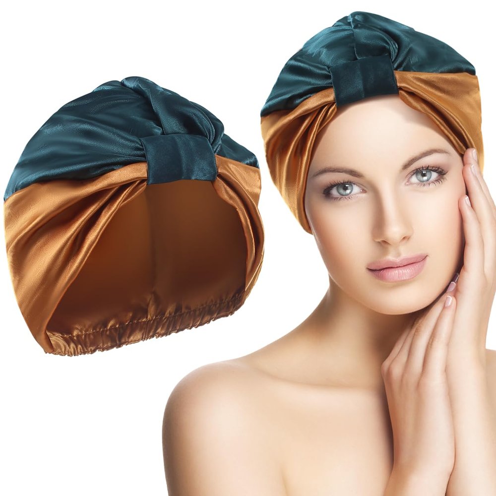 10.6 Inches Adjustable Satin Hair Bonnet for Sleeping | Elastic Non-Slip Reusable Shower Hair Caps for Women | Double Layers Shower Cap for Women | Satin Silk Bonnet for Curly Hairs (Khaki & Green)