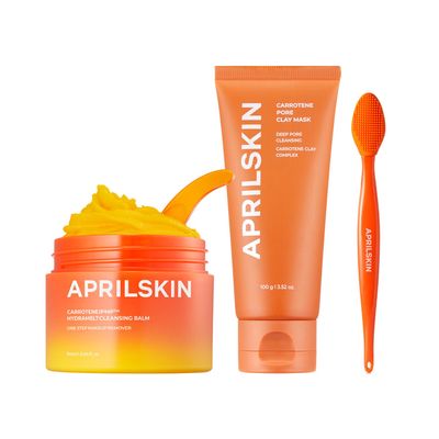 APRILSKIN Pore Care Duo with Pore Brush with Sebum Sweeper: Carrotene IPMP Hydromelt Cleansing Balm, Carrotene IPMP 3-Min Quick Dry Pore Caring Clay Mask and Pore Cleansing Facial Silicone Brush