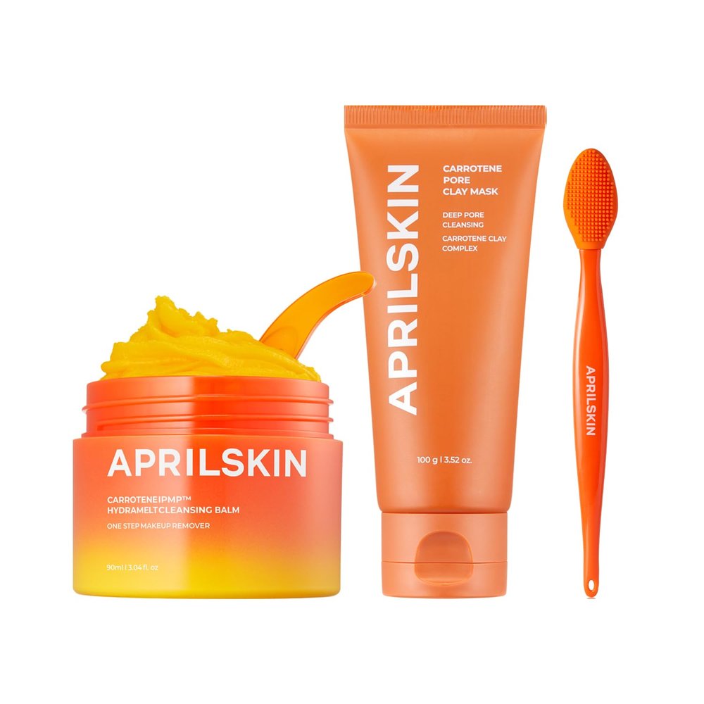 APRILSKIN Pore Care Duo with Pore Brush with Sebum Sweeper: Carrotene IPMP Hydromelt Cleansing Balm, Carrotene IPMP 3-Min Quick Dry Pore Caring Clay Mask and Pore Cleansing Facial Silicone Brush