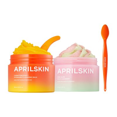 APRILSKIN Double Cleansing Duo with Pore Brush: APRILSKIN Carrotene IPMP Hydromelt Cleansing Balm, Pink Aloe Facial Polish Cleanser and Pore Caring Facial Silicone Brush