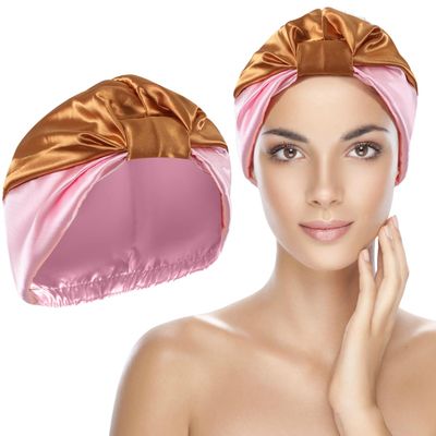10.6 Inches Adjustable Satin Hair Bonnet for Sleeping | Elastic Non-Slip Reusable Shower Hair Caps for Women | Double Layers Shower Cap for Women | Satin Silk Bonnet for Curly Hairs (Khaki & Pink)