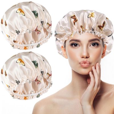 2 Pcs Satin Hair Bonnet for Sleeping | Elastic and Reusable Shower Hair Caps | Butterfly Printed Hat Shower Cap for Women, Bonnet for Curly Hair | Satin Silk Cap for Sleeping Women, (9.4) Beige