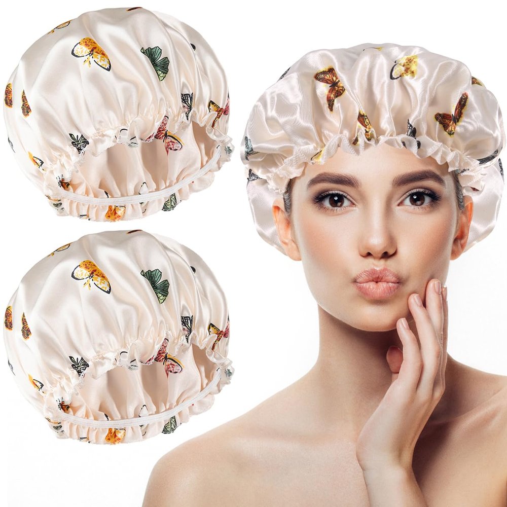 2 Pcs Satin Hair Bonnet for Sleeping | Elastic and Reusable Shower Hair Caps | Butterfly Printed Hat Shower Cap for Women, Bonnet for Curly Hair | Satin Silk Cap for Sleeping Women, (9.4) Beige