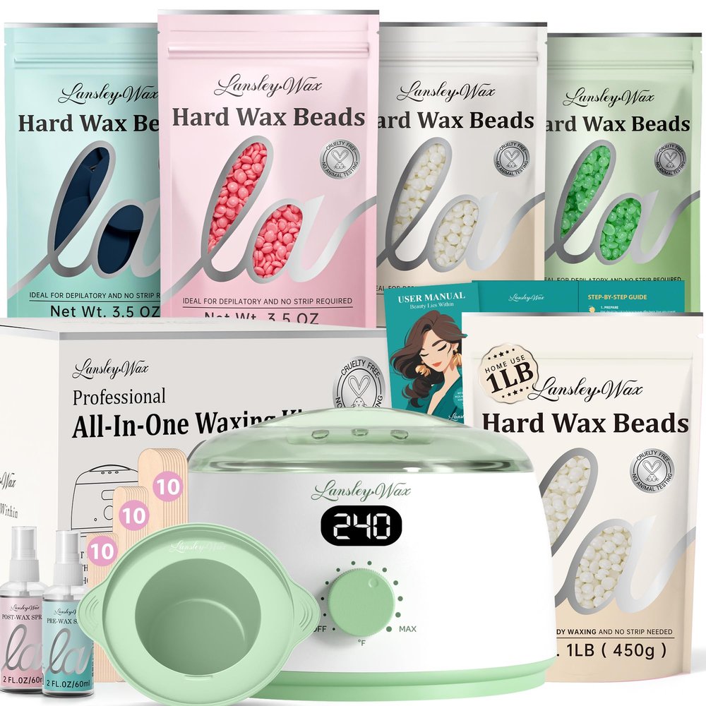LansleyWax 1LB Unscented Wax Beads + Green Waxing Kit