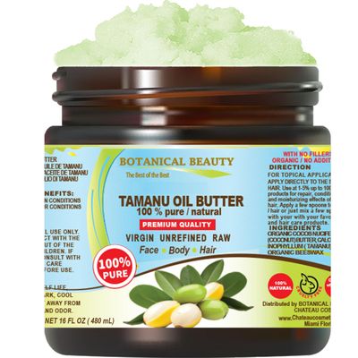 Botanical Beauty TAMANU OIL BUTTER RAW 100% Pure Natural VIRGIN UNREFINED Cold-Pressed Carrier for Face, Skin, Body, Hair, Lip, Nails. Rich in Vitamin E (16 Fl Oz)