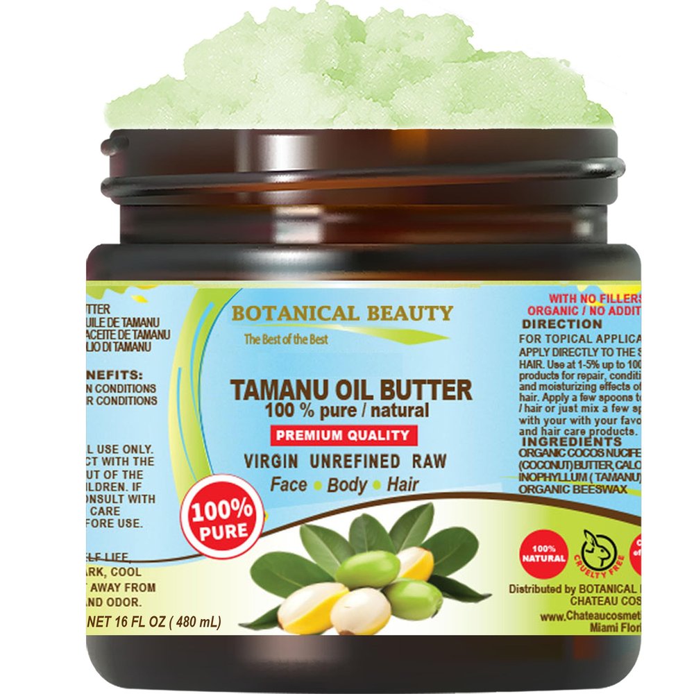 Botanical Beauty TAMANU OIL BUTTER RAW 100% Pure Natural VIRGIN UNREFINED Cold-Pressed Carrier for Face, Skin, Body, Hair, Lip, Nails. Rich in Vitamin E (16 Fl Oz)