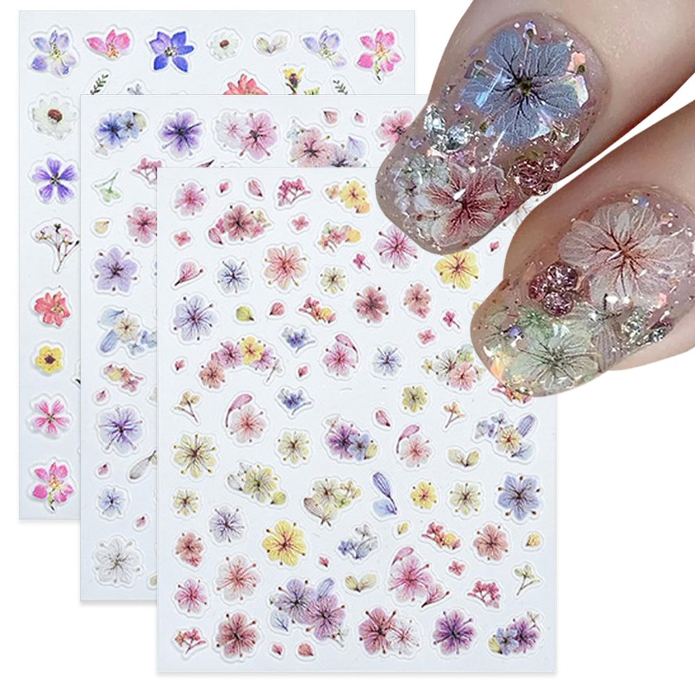 3D Self-Adhesive Spring Color Flower Design Nail Decals Nail Art Stickers Nail Decals Stickers (3 Sheets)