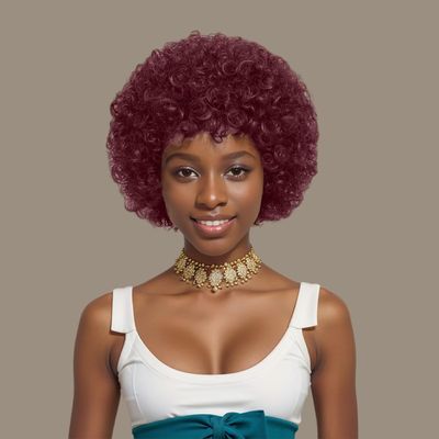 ORAVISTA Glueless Wigs Human Hair Mixed Synthetic Burgundy Afro Kinky Curly 70s Puff Short for Women Party Cosplay Halloween Natural Look