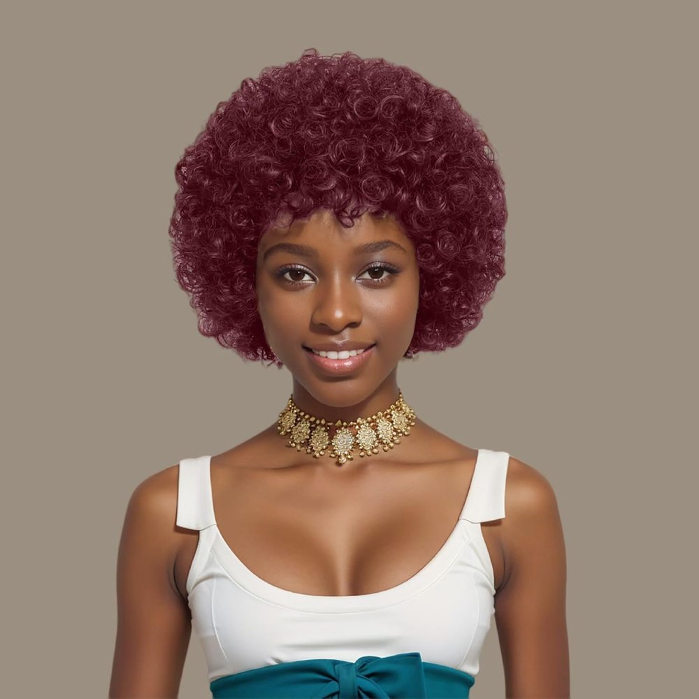 ORAVISTA Glueless Wigs Human Hair Mixed Synthetic Burgundy Afro Kinky Curly 70s Puff Short for Women Party Cosplay Halloween Natural Look