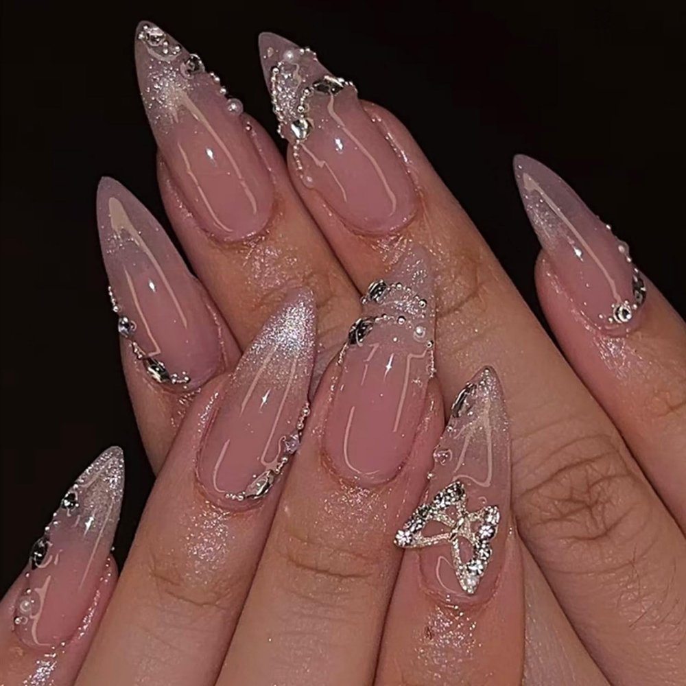 BQZQPAMZ 24PCS Nude Press on Nails Medium Almond Glitter 3D Butterfly Fake Nails Full Cover Acrylic Nails With Rhinestones Reusable Glossy Stick on Nails for Women DIY Manicure Decoration Supplies