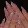 BQZQPAMZ 24PCS Nude Press on Nails Medium Almond Glitter 3D Butterfly Fake Nails Full Cover Acrylic Nails With Rhinestones Reusable Glossy Stick on Nails for Women DIY Manicure Decoration Supplies view 1
