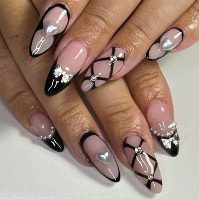 24pcs Black Medium Almond Fake Nails Line Design French Tip Press On Nails With Heart Shaped Bow Rhinestone Design Glue On Nails Natural Full Coverage Acrylic Nails Women Nail Decoration Supplies