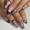 24pcs Black Medium Almond Fake Nails Line Design French Tip Press On Nails With Heart Shaped Bow Rhinestone Design Glue On Nails Natural Full Coverage Acrylic Nails Women Nail Decoration Supplies view 1