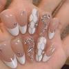 BQZQPAMZ White French Tip Press on Nails Glossy Pink False Nails with Snake Shape Rhinestone Design Reusable Glue on Nails Acrylic Nail Art Supplies for Women Manicure Gifts view 1