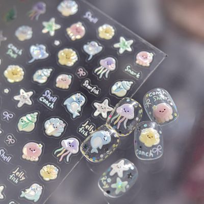 1 Sheet Marine Life Nail Stickers Embossed Fish Jellyfish Nail Decals 5D Aurora Self-Adhesive Starfish Nail Design Stickers for Women DIY Summer Glitter Manicure Decoration