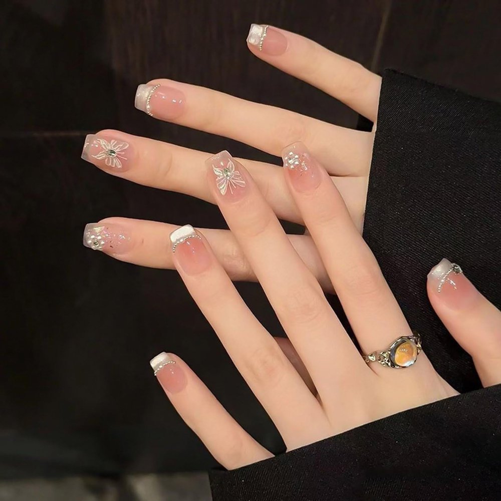 BQZQPAMZ Butterfly Square Fake Nails Medium Length French Tip Press Nails Glitter Full Coverage Acrylic False Nails Gloss Glue on Nails for Women DIY Spring Manicure Decoration Supplies