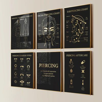NATVVA Set 6 Pier-cing Poster Wall Decor 6 Pieces Ear Pier-cing Canvas Art Facial Pier-cing Der-mal Pier-cing Aftercare Prints Painting Picture Artwork Pier-cing Salon Decoration No Frame