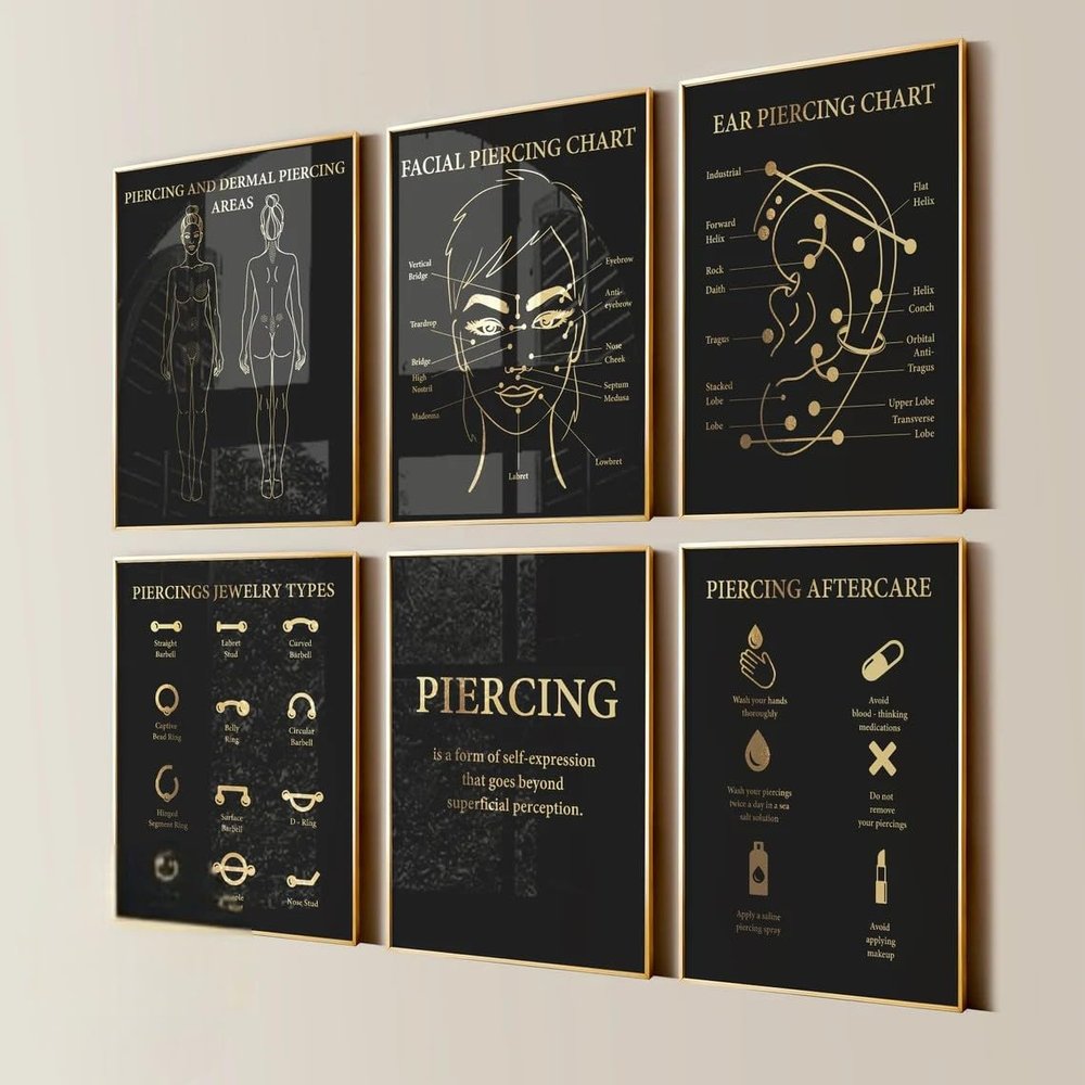 NATVVA Set 6 Pier-cing Poster Wall Decor 6 Pieces Ear Pier-cing Canvas Art Facial Pier-cing Der-mal Pier-cing Aftercare Prints Painting Picture Artwork Pier-cing Salon Decoration No Frame