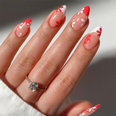 BQZQPAMZ 24pcs Flower French Tip Press on Nails Red White Floral Medium Almond False Nails Glossy Floral Full Cover Acrylic Nails for Women DIY Spring Nail Art Supplies