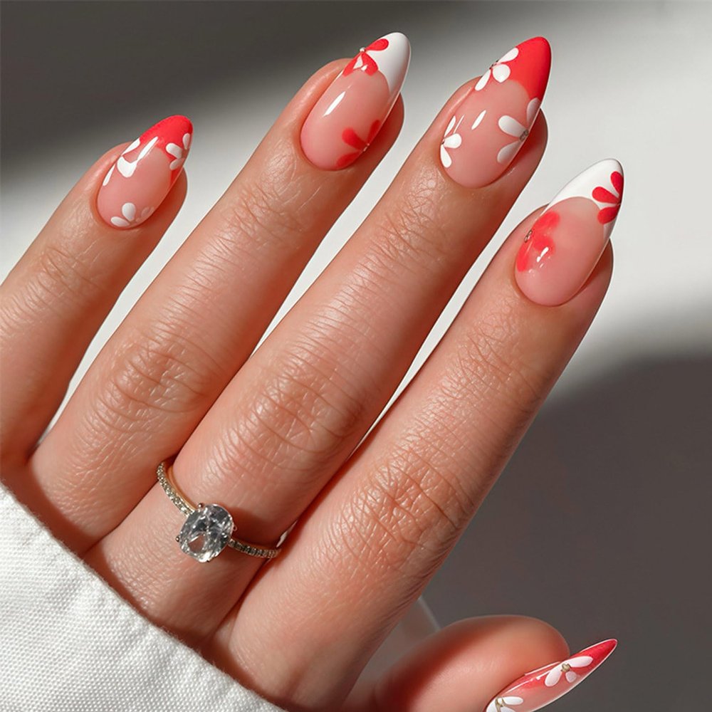 BQZQPAMZ 24pcs Flower French Tip Press on Nails Red White Floral Medium Almond False Nails Glossy Floral Full Cover Acrylic Nails for Women DIY Spring Nail Art Supplies