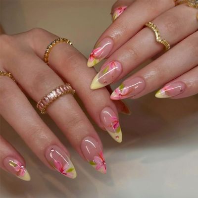 BQZQPAMZ 24Pcs Pink Flower Medium Almond False Nails Yellow French Tip Press on Nails With Flat Rhinestones Glossy Floral Full Cover Acrylic Nails for Women DIY Spring Nail Art Supplies