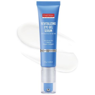 Purederm Revitalizing Eye Gel Serum  Cooling Eye Roller with 5% Volufiline, Caffeine & Vegan Collagen  Reduce Puffiness, Fine Lines & Dark Circles  For All Skin Types  0.88 oz