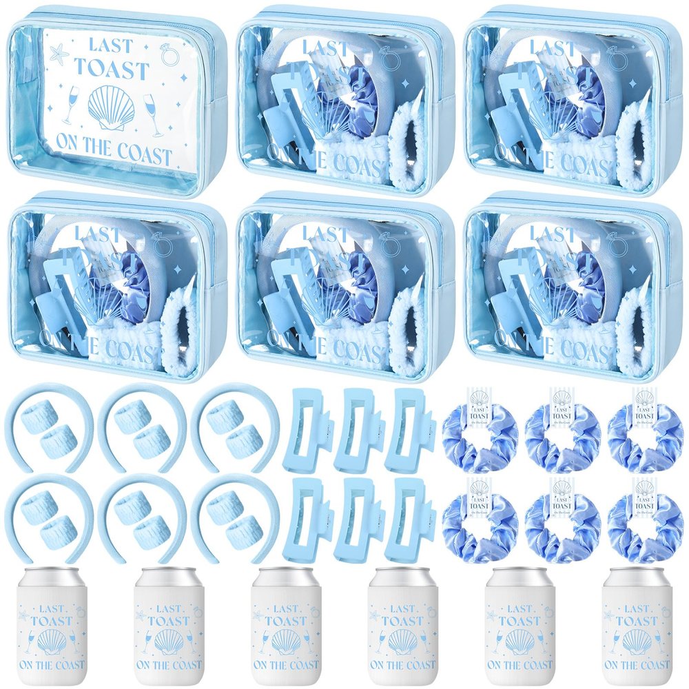 Meanplan 6 Pack Last Toast on the Coast Bachelorette Party Favors Blue Coastal Bridesmaid Proposal Gifts Makeup Bag Claw Clip Wristband Scrunchies Hairband Can Sleeve Bridal Show Wedding Gifts