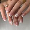 BQZQPAMZ White French Tip Press on Nails White Flower Short Square Fake Nails With Gold Mini Rhinestone Design Spring Floral Stick on Nails Reusable Acrylic Nails for Women Nail Art Supplies view 1
