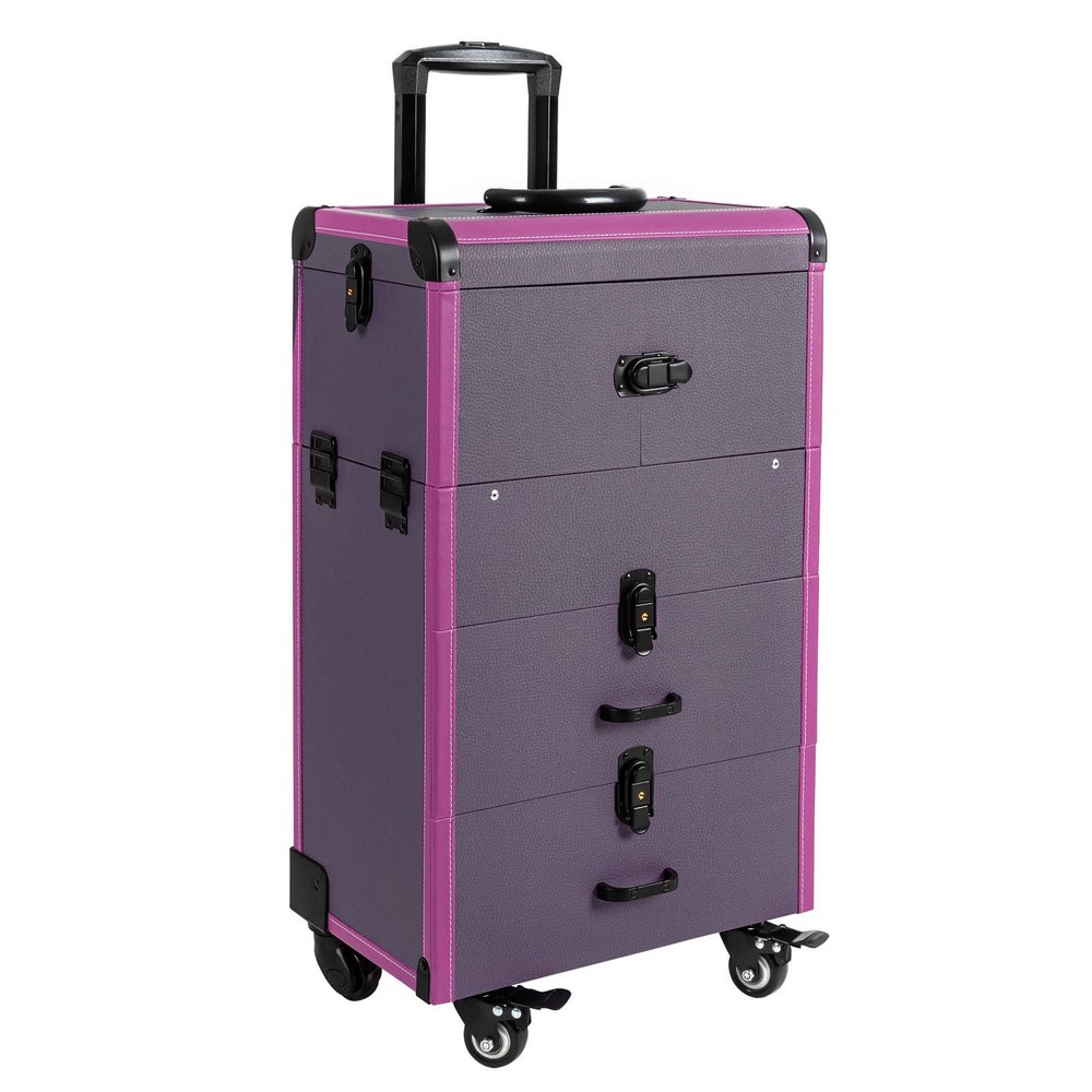 BuufuS Rolling Makeup Train Case, Lockable Cosmetic Organizer Trolley with Retractable Trays Drawers Cosmetology Vanity Storage Case for Makeup Artist Hairdresser Beautician Storing Tools(Purple)