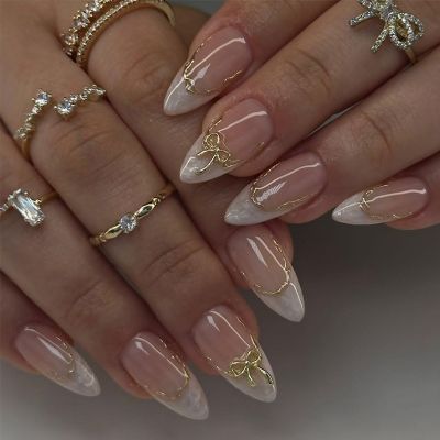 BQZQPAMZ 24pcs Gold Bow Medium Almond Fake Nails White French Tip Press on Nails Gold Curve Design Glossy Full Cover Acrylic Nails for Women DIY Spring Nail Art Decoration
