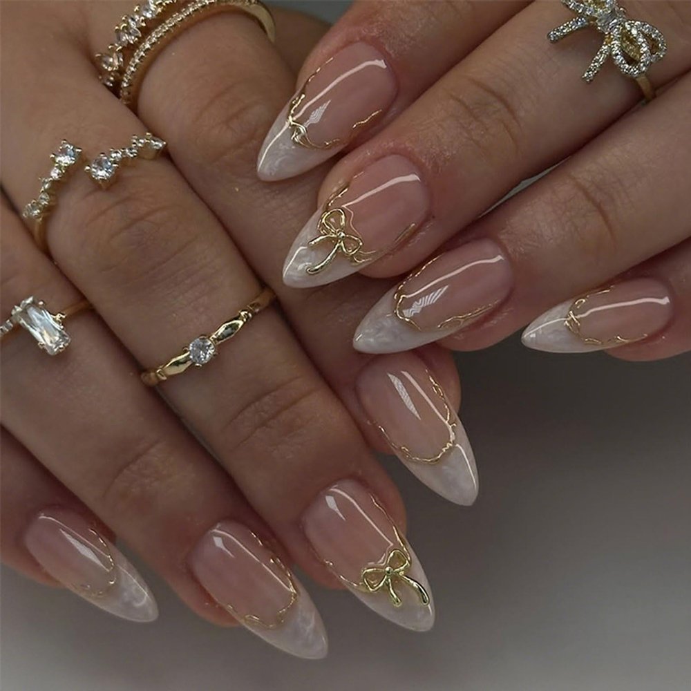 BQZQPAMZ 24pcs Gold Bow Medium Almond Fake Nails White French Tip Press on Nails Gold Curve Design Glossy Full Cover Acrylic Nails for Women DIY Spring Nail Art Decoration