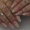 BQZQPAMZ 24pcs Gold Bow Medium Almond Fake Nails White French Tip Press on Nails Gold Curve Design Glossy Full Cover Acrylic Nails for Women DIY Spring Nail Art Decoration view 1