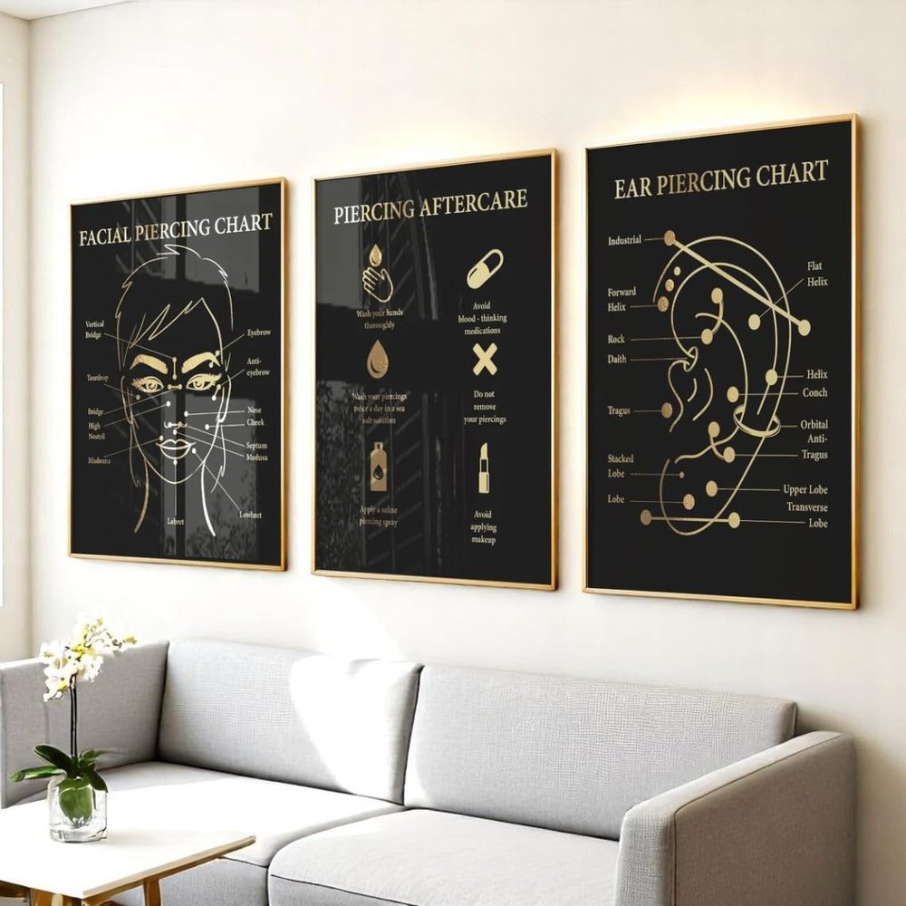 Canvas Painting 3 Pieces Ear Pie-rcing Chart Facial Pie-rcing Posters Prints Pier-cing Aftercare Body Pie-rcer Wall Art Pictures for Pie-rcing Salon Decor with Wooden Inner Frame