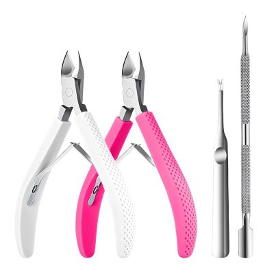 Criyar Whole Set Fine Edge Cuticle Trimmer & Nippers, Silicone Handle Nail Tools for Precise Removal, Durable Washable Cuticle Cutter&Remover&Pusher Nail Clippers (White/Rose+Pusher)