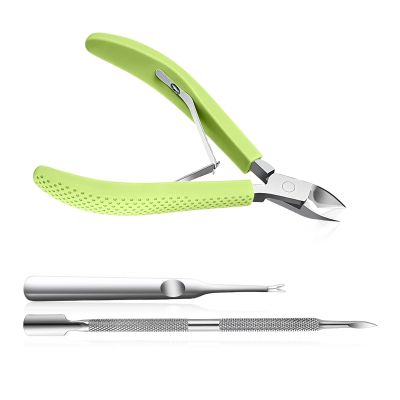 Criyar Fine Edge Cuticle Trimmer & Nippers, Scissors, Silicone Handle Nail Tools for Precise Removal, Durable Washable Cuticle Cutter & Remover & Pusher Nail Clippers (Green+Pusher 1Set)