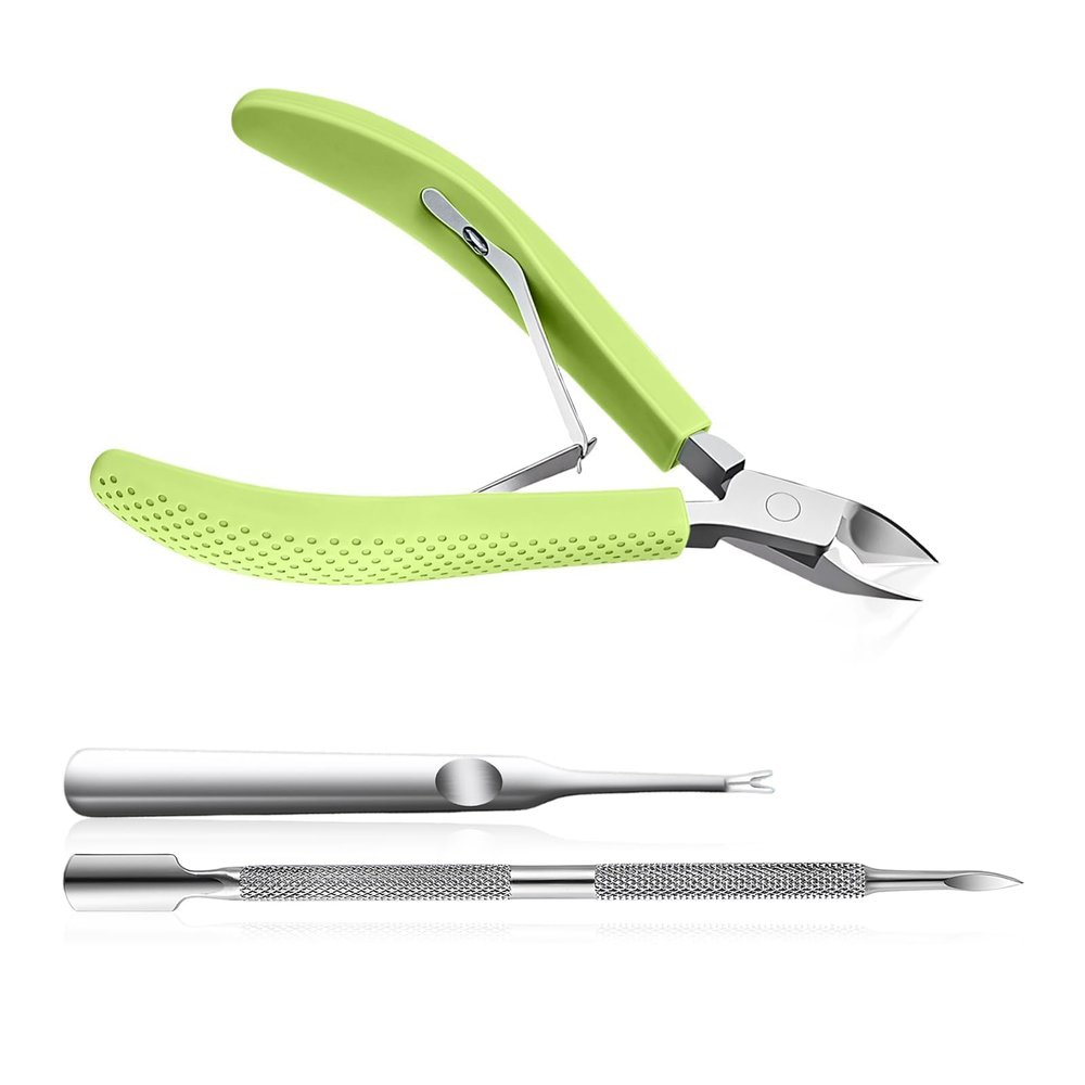 Criyar Fine Edge Cuticle Trimmer & Nippers, Scissors, Silicone Handle Nail Tools for Precise Removal, Durable Washable Cuticle Cutter & Remover & Pusher Nail Clippers (Green+Pusher 1Set)