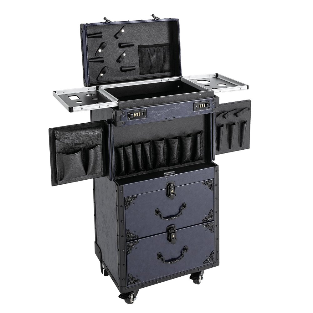 GDAE10 Retro Professional Makeup Trolley Case PU Leather Mobile Vanity with Dual Locks, 4 Wheels & Brakes, Multi-Layer Cosmetic Organizer for Hairdresser
