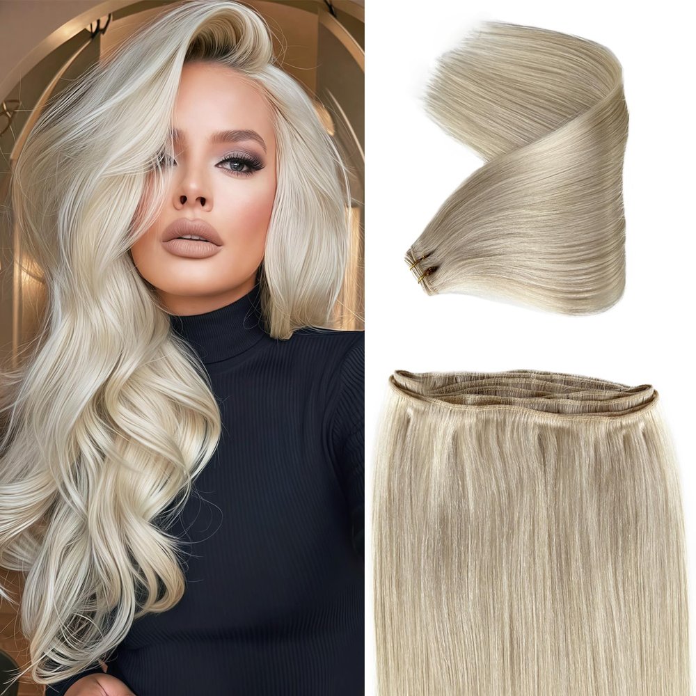 Licoville Weft Hair Extensions Sew in White Blonde Real Human Hair Weft Extension Sew in Bundles 14 Inch 80G Soft Straight Platinum Blonde Hand Tied Weft Hair Extensions Human Hair for Women