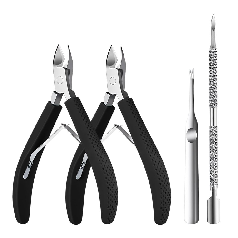 Criyar Whole Set Fine Edge Cuticle Trimmer & Nippers, Silicone Handle Carbon Steel Nail Tools for Precise Removal, Durable Washable Cuticle Cutter&Remover&Pusher Nail Clippers (Black 2PCS+Pusher)