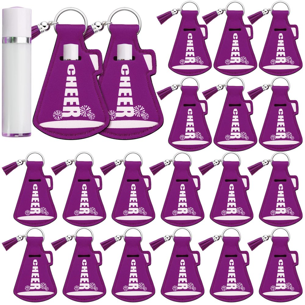 Swiffen 20 Pcs Cheerleading Gifts Lip Balm Holder with Tassel Keychains Set for Team Cheer Gifts School Cheer Party Favors(Purple)