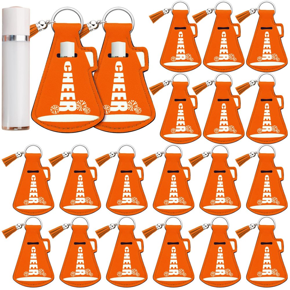 Swiffen 20 Pcs Cheerleading Gifts Lip Balm Holder with Tassel Keychains Set for Team Cheer Gifts School Cheer Party Favors(Orange)