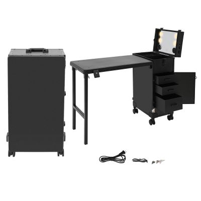 sjcdicnj Portable Rolling Manicure Table for Nail Teach, Foldable Traveling Nail Desk w/Storage, Mobile Nail Table w Adjust LIght 3 Drawers Storage, Makeup Train Case Cosmetic Trolley (Black)