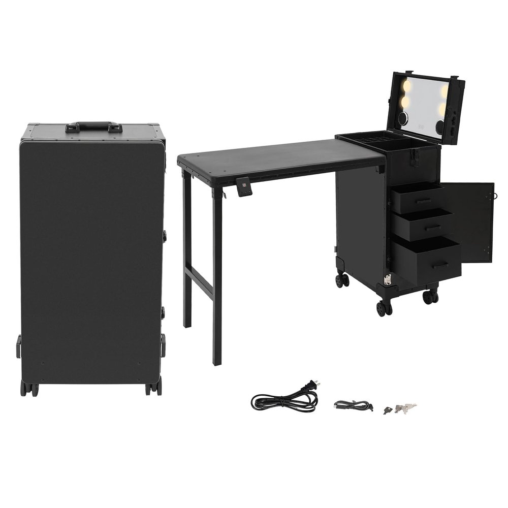 sjcdicnj Portable Rolling Manicure Table for Nail Teach, Foldable Traveling Nail Desk w/Storage, Mobile Nail Table w Adjust LIght 3 Drawers Storage, Makeup Train Case Cosmetic Trolley (Black)